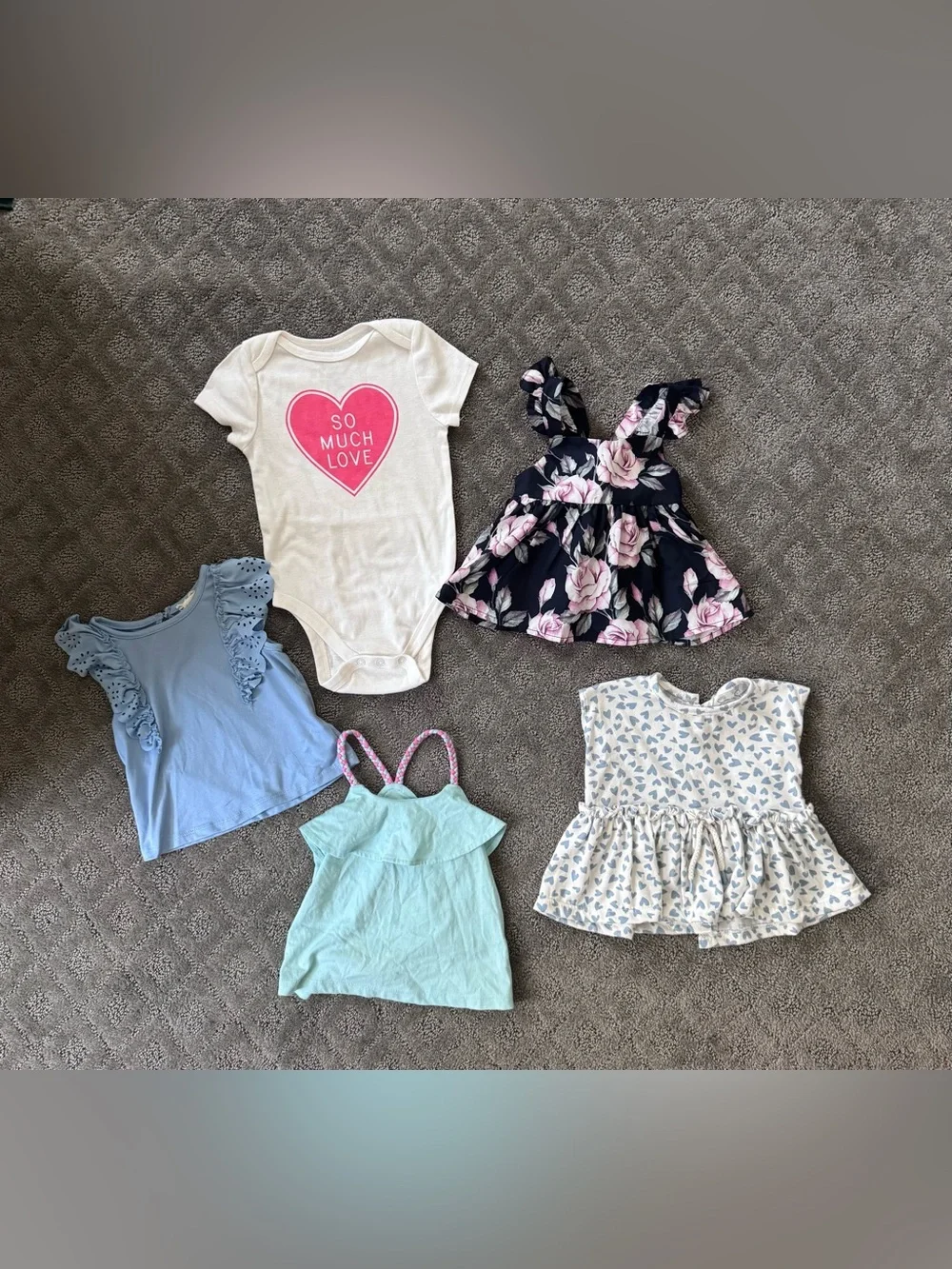 Baby Girl Clothing Lot - Heart Onesie + Floral Dressy Trendy Tops 18m